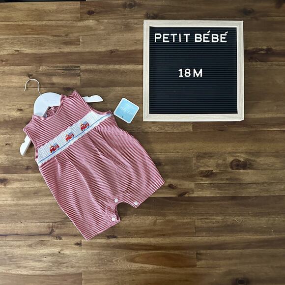 NWT Petit Bebe Red Stripe Smocked Knit Firetrucks Romper Cotton Sleeveless 18M - Picture 1 of 8